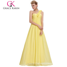 Grace Karin One Shoulder Flower Strap Yellow Long Chiffon Plus Size Evening Dress for Fat Women CL3402-2#